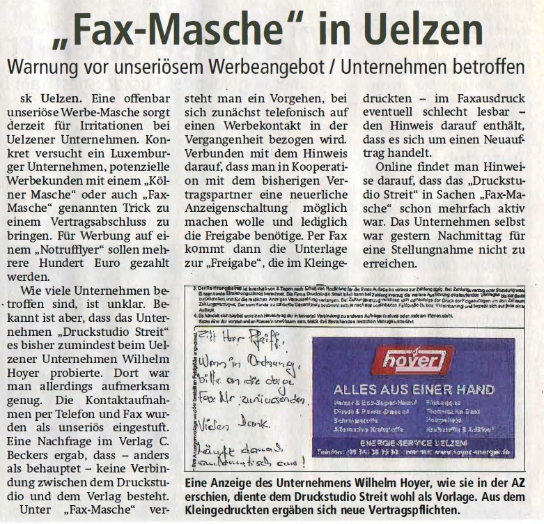 Fax-Masche in Uelzen bemerkt